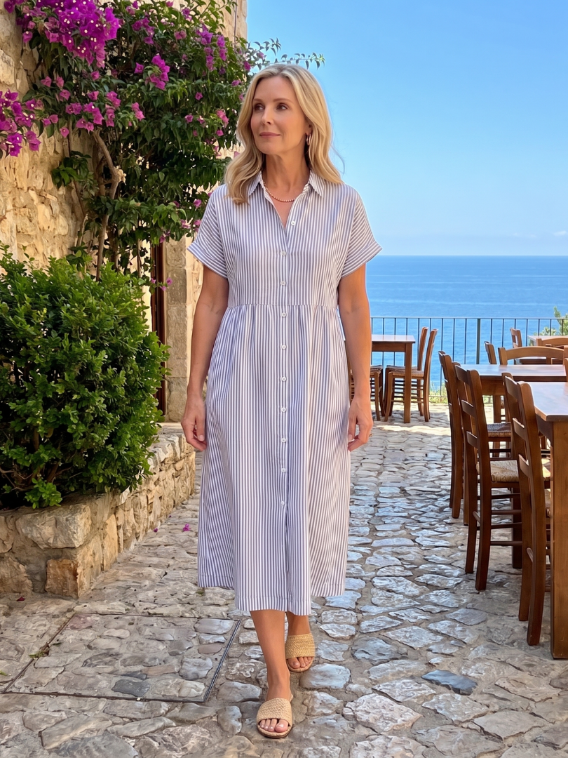 Roslora | Short Sleeve Stripe Pattern Midi Dress