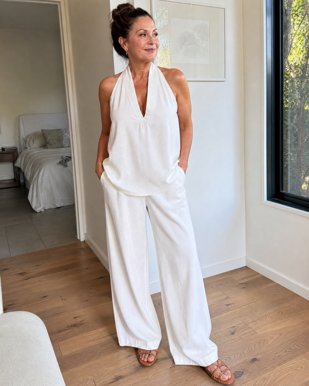 Tallyn | Halter Neck Denim Top And Wide Leg Pants Set