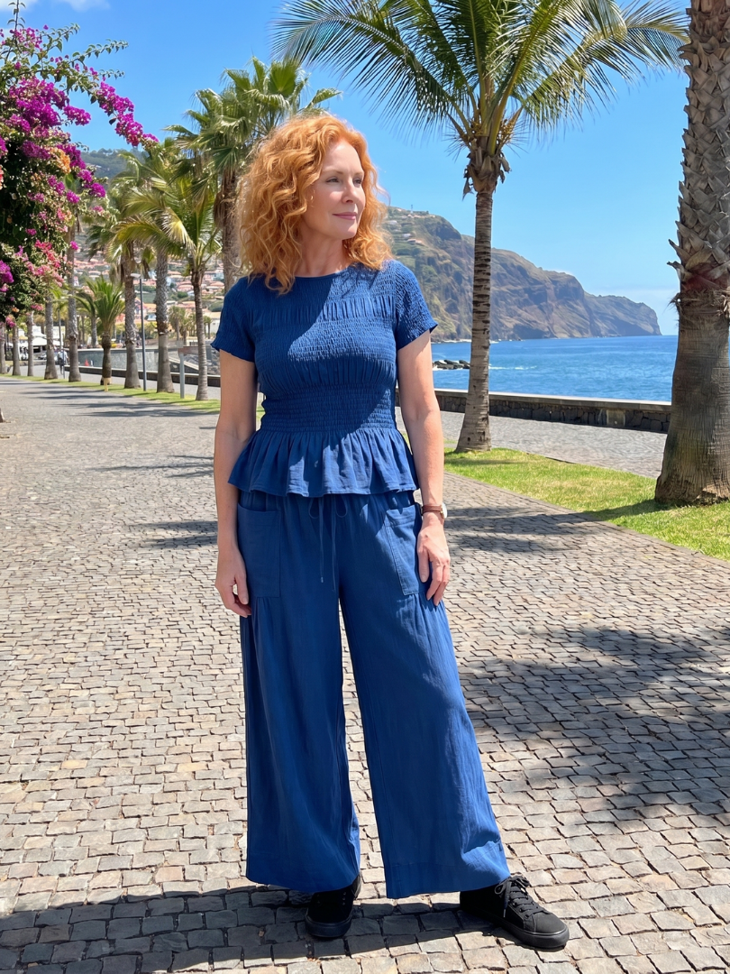 Selthea | Peplum Detail Smocked Top And Wide Leg Pants Set