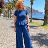Selthea | Peplum Detail Smocked Top And Wide Leg Pants Set