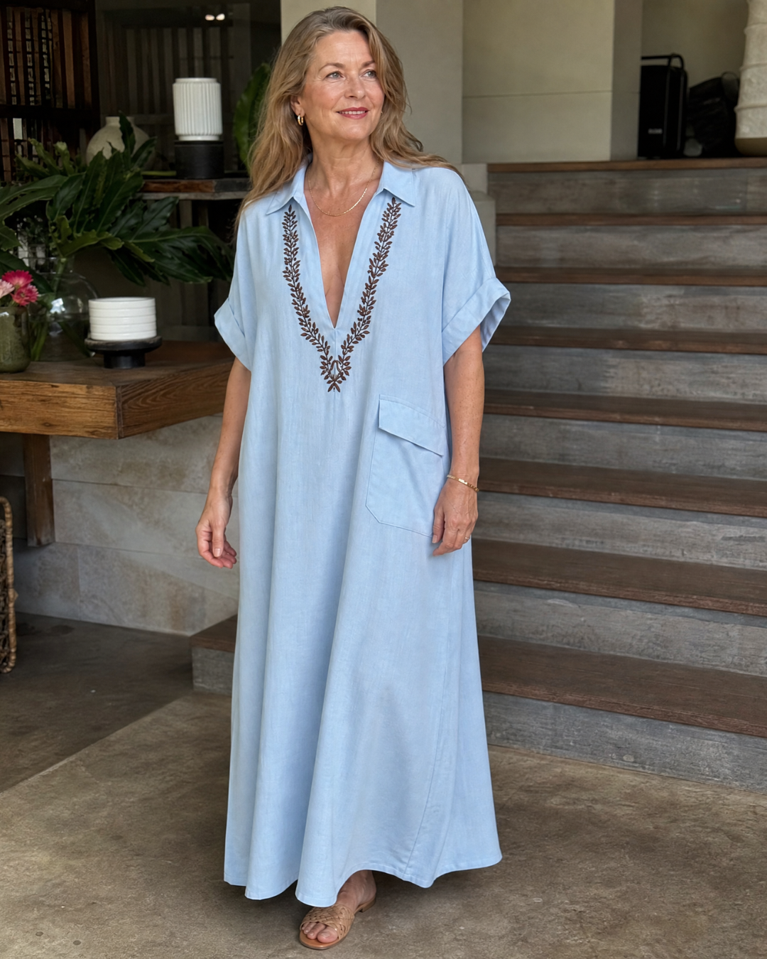 Faera | Embroidered V Neck Pocket Detail Relaxed Midi Dress