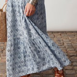 Teswen | Notch Neck Printed Long Sleeve Maxi Dress