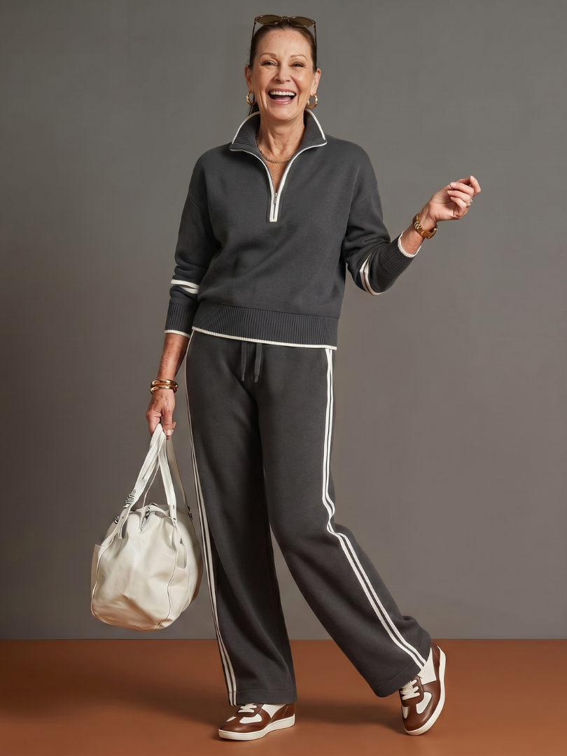 Della | Zip Neck Long Sleeve Side Stripe Leg Pants Set