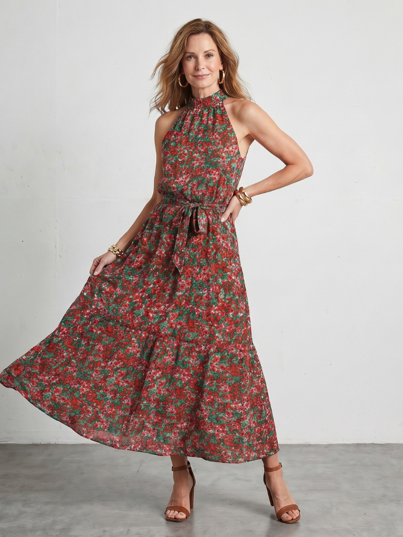 Tesdra | High Neck Floral Tiered Midi Dress