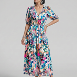 Larette | Puff Sleeve V Neck Abstract Print Midi Dress