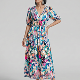 Larette | Puff Sleeve V Neck Abstract Print Midi Dress