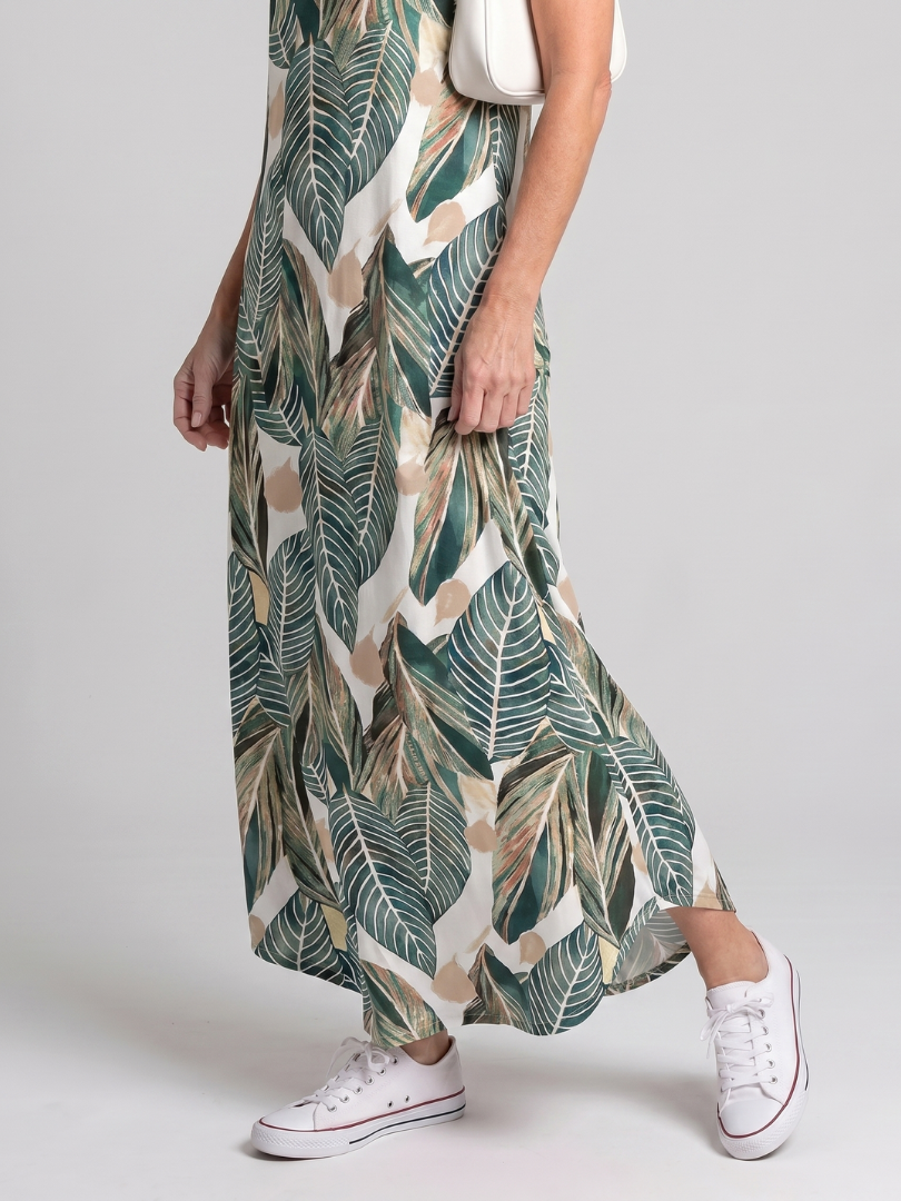 Tesmarie | Sleeveless Tropical Leaf Print Midi Dress