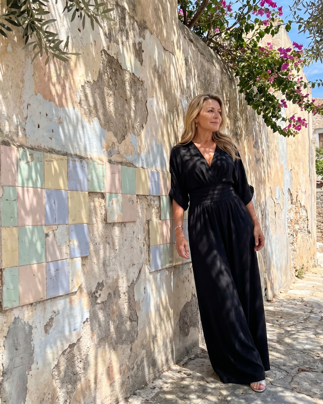Persia | Draped V Neck Wide Leg Relaxed Jumpsuit