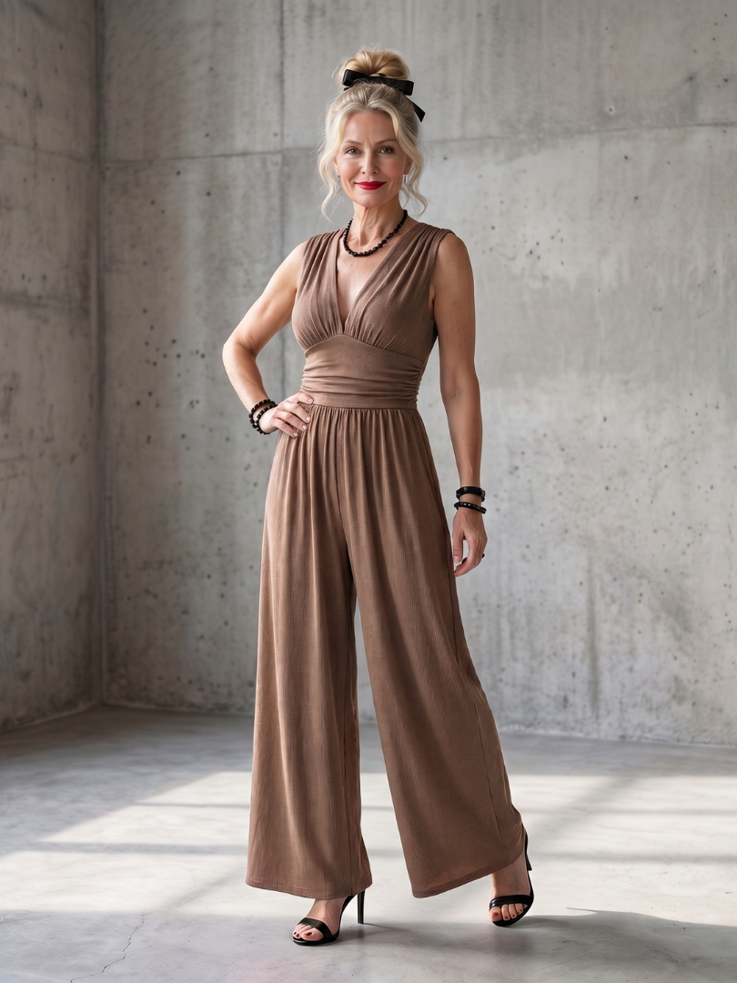 Renna | Deep V Waist Defined Wide Leg Jumpsuit