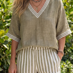 Penette | Contrast V Neck Tunic Stripe Trouser Set