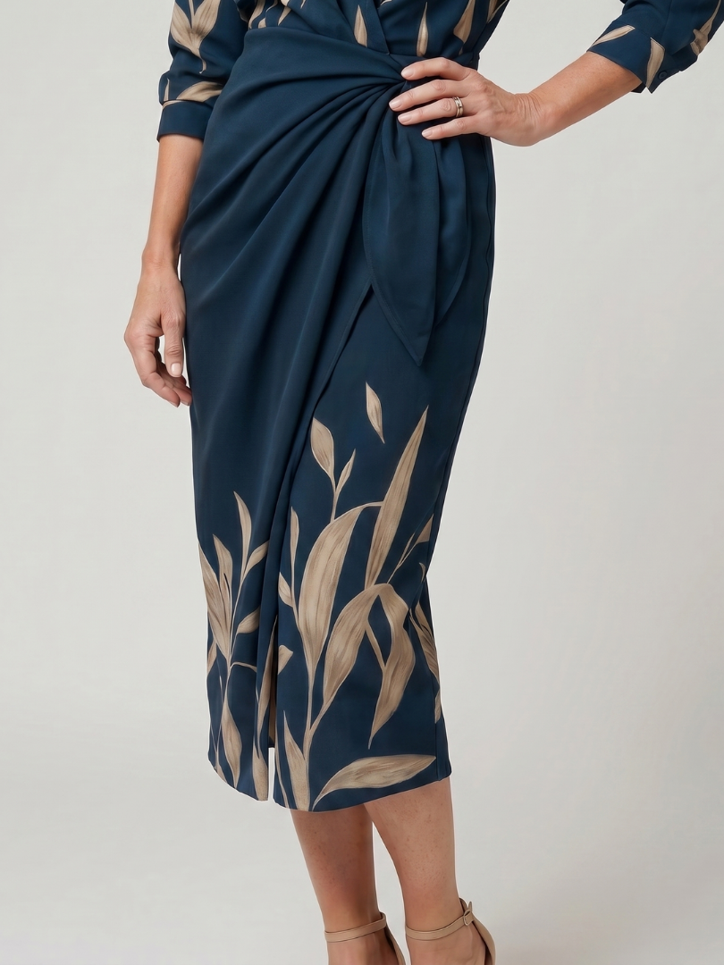 Dahine | Long Sleeve Collared Wrap Stripe Pattern Midi Dress