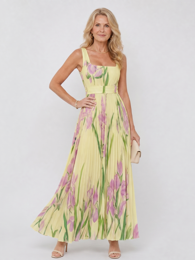Camwen | Pleated Sleeveless Square Neck Midi Dress