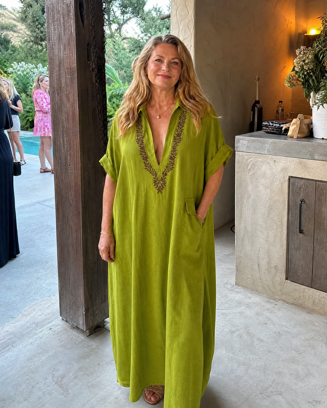 Faera | Embroidered V Neck Pocket Detail Relaxed Midi Dress