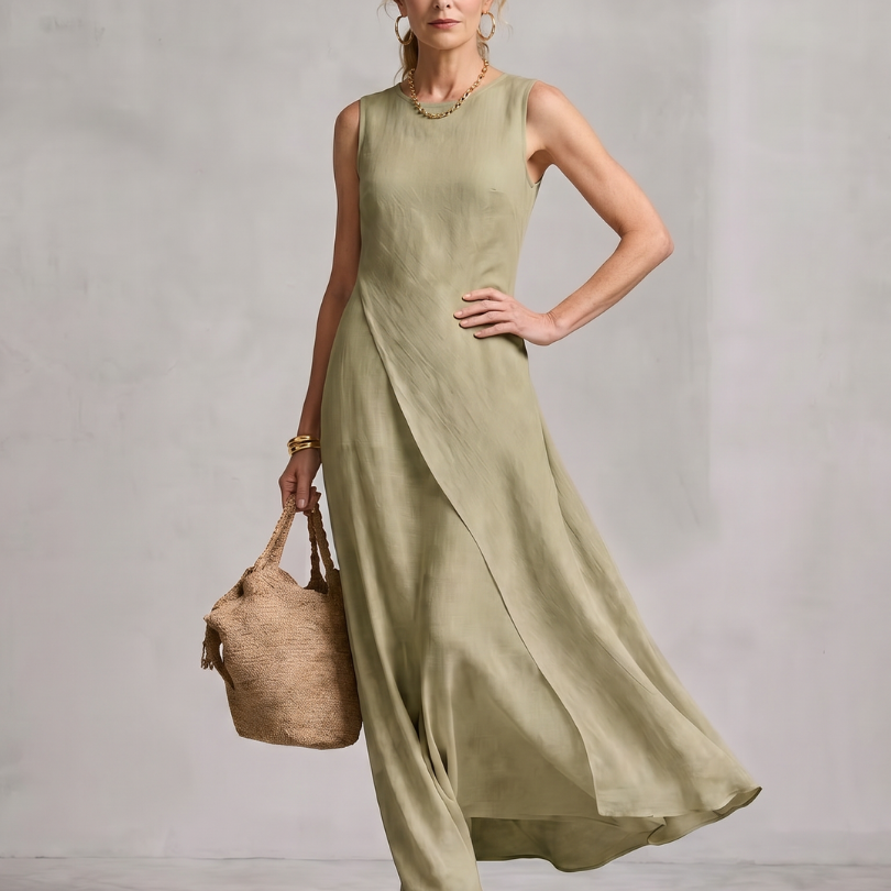 Corthea | Asymmetric Layered Round Neck Maxi Dress