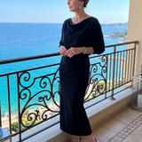 Saffwynne | Draped Neckline Fitted Skirt Midi Dress