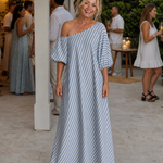 Faela | Striped Off Shoulder Puff Sleeve Midi Dress