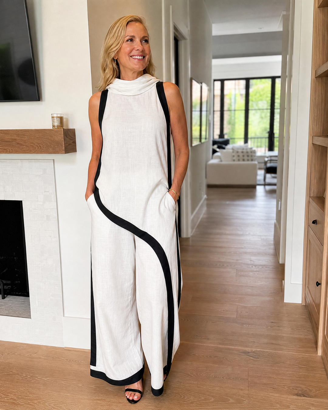 Tovarina | Contrast Trim Sleeveless Layered Top And Wide Leg Pants Set