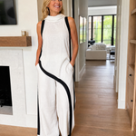 Tovarina | Contrast Trim Sleeveless Layered Top And Wide Leg Pants Set