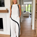 Tovarina | Contrast Trim Sleeveless Layered Top And Wide Leg Pants Set