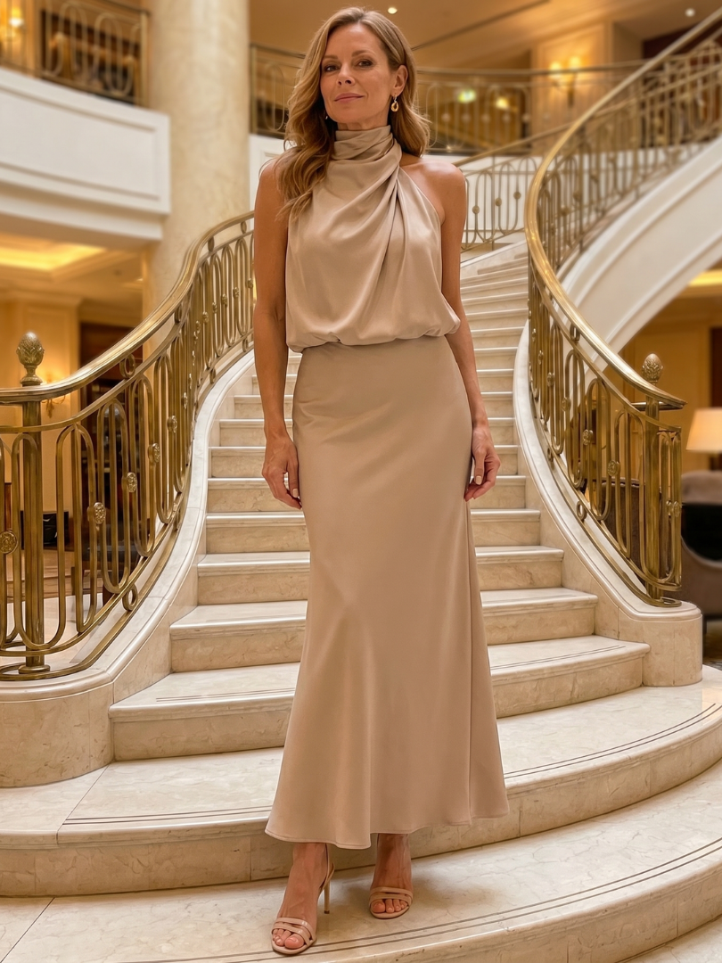 Taliana | Sleeveless Draped Neck Midi Dress