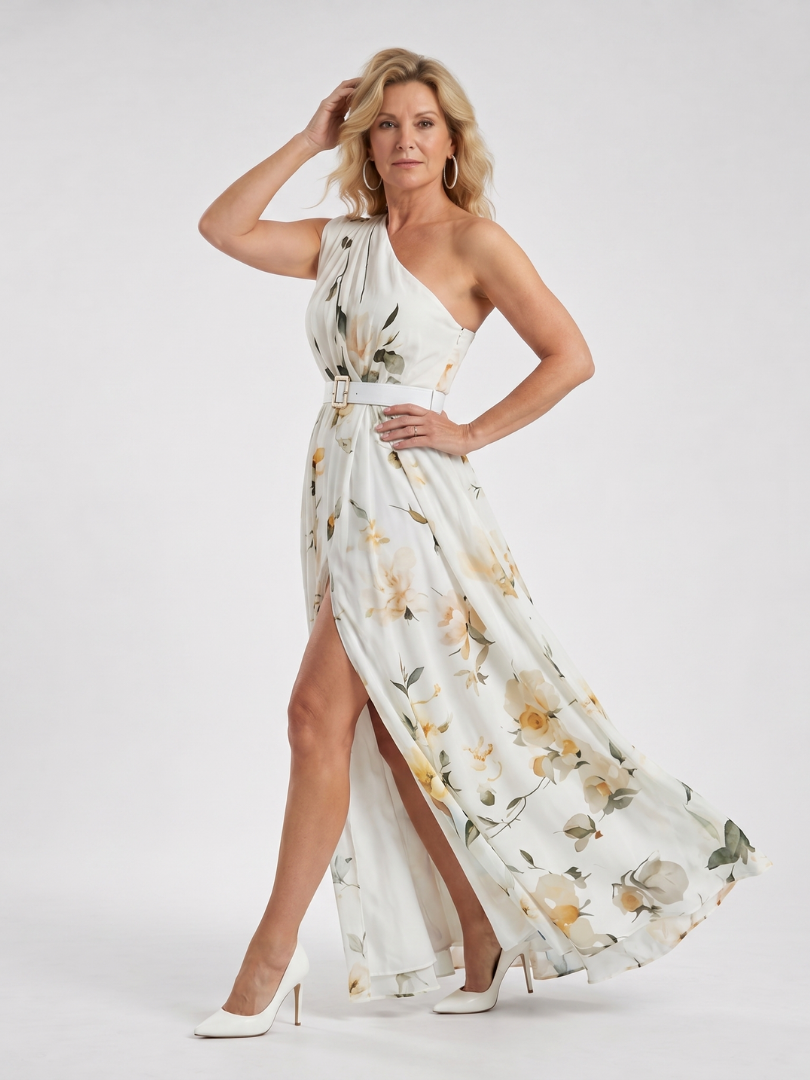 Dahina | Floral Print One Shoulder Belted Maxi Dress