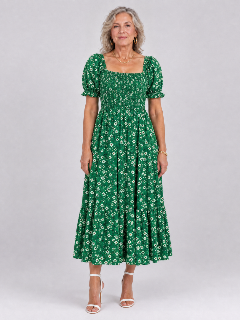Serrina | Floral Smocked Square Neck Midi Dress