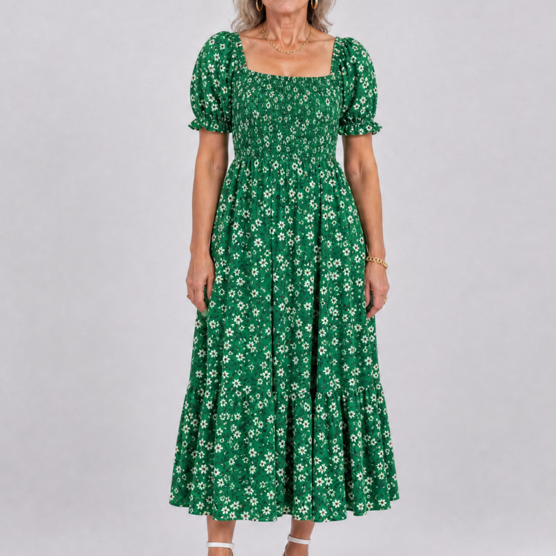 Serrina | Floral Smocked Square Neck Midi Dress