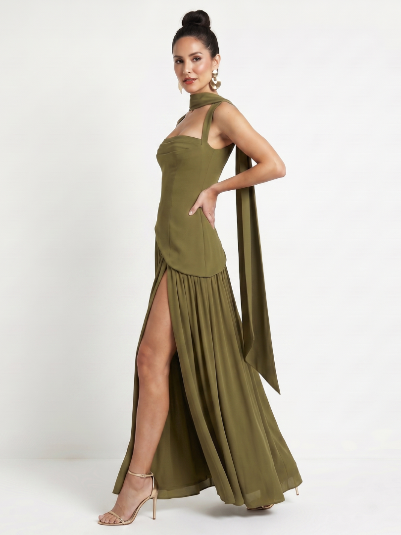 Fleurbelle | Cutout Neck Pleated Slit Maxi Dress