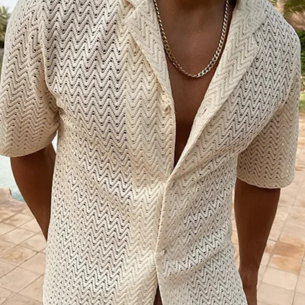 Solano | Men Short Sleeve Open Collar Chevron Textured Summer Shirt