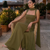 Fleurbelle | Cutout Neck Pleated Slit Maxi Dress