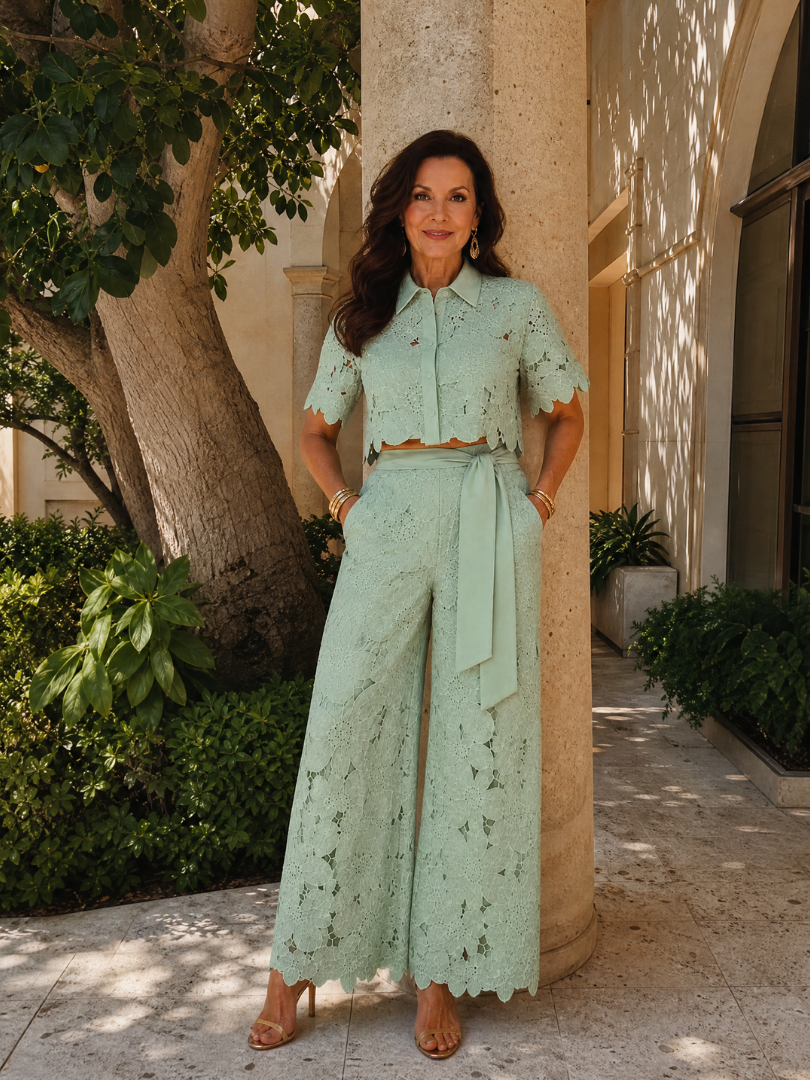 Elobelle | Lace Button Front Two Piece Pant Set