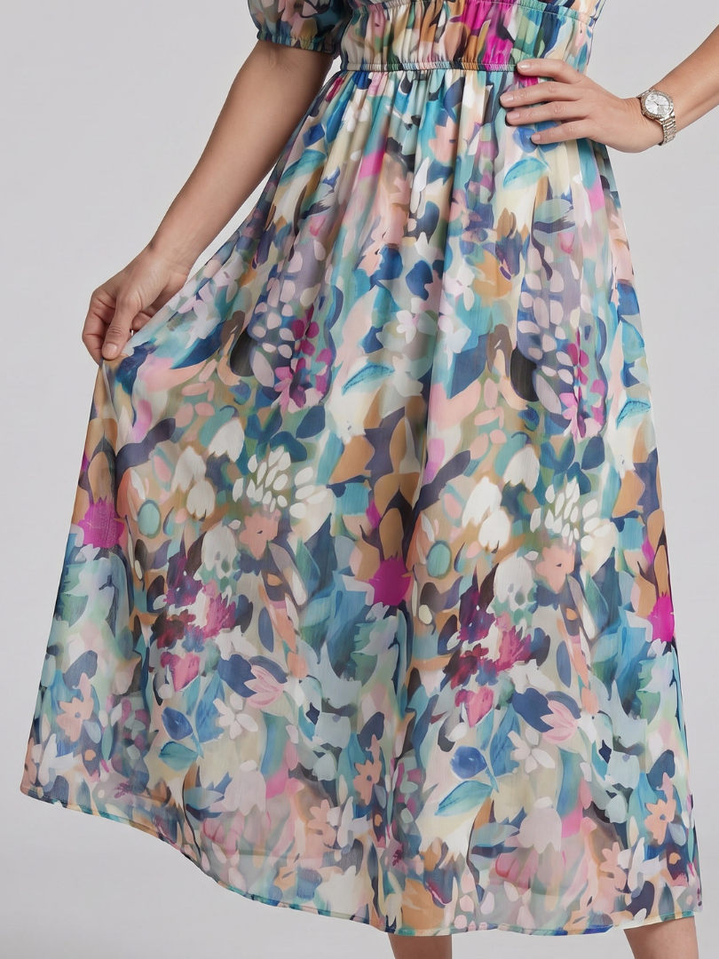 Larette | Puff Sleeve V Neck Abstract Print Midi Dress