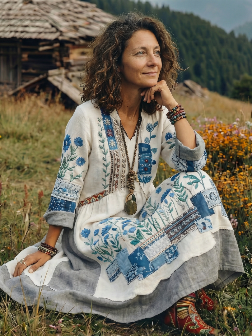 Fiodra | Embroidered Panel Long Sleeve Midi Dress