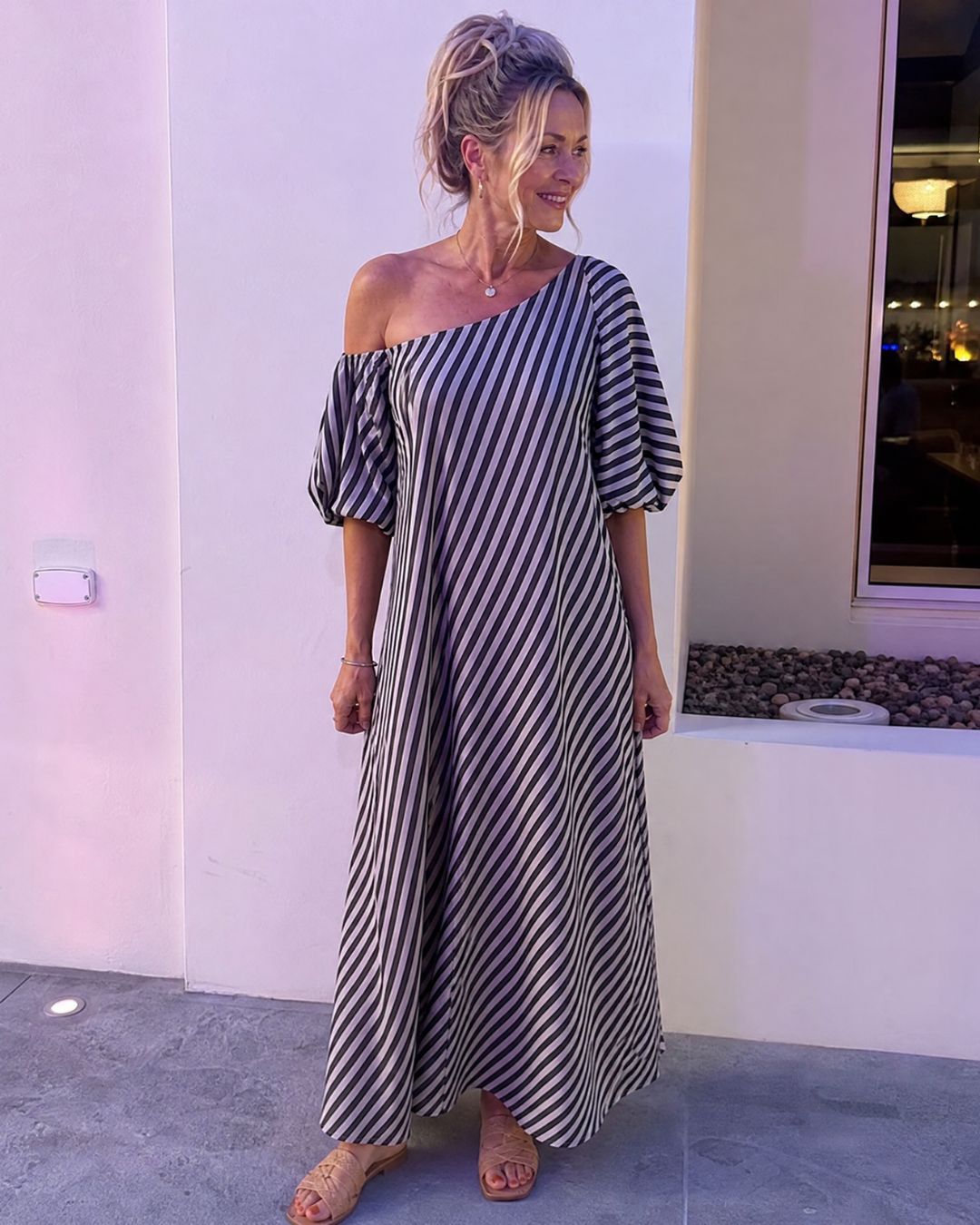 Faela | Striped Off Shoulder Puff Sleeve Midi Dress
