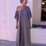 Faela | Striped Off Shoulder Puff Sleeve Midi Dress