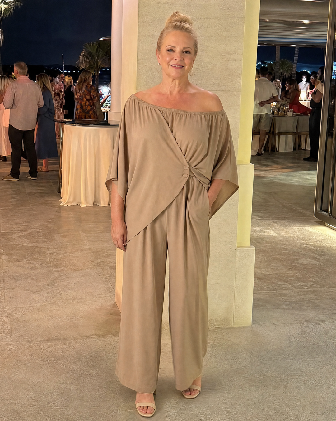 Nevsia | Draped Off Shoulder Top And Wide Leg Pants Set
