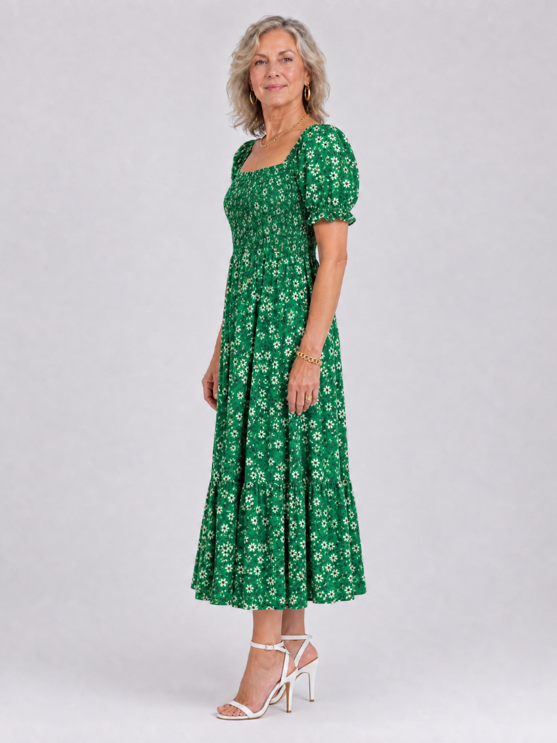 Serrina | Floral Smocked Square Neck Midi Dress