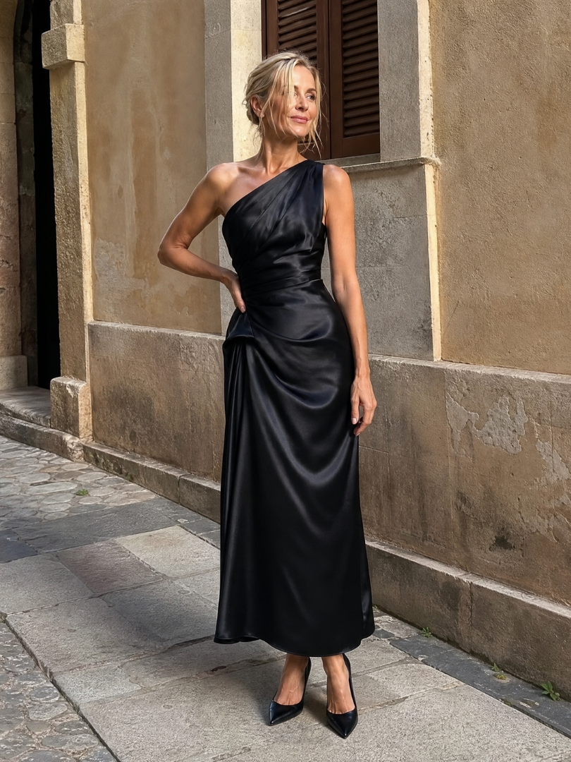 Celna | One Shoulder Draped Satin Midi Dress