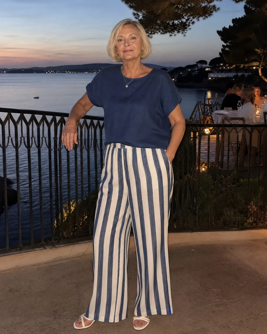Magdara | Linen Blend Top And Striped Wide Leg Pants Set
