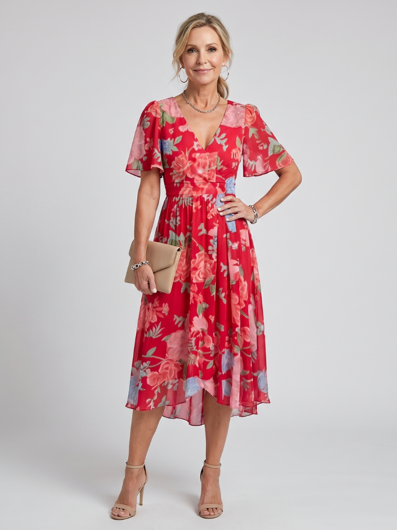 Daldra | Flutter Sleeve Gathered Waist Floral Print Midi Dress