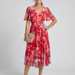 Daldra | Flutter Sleeve Gathered Waist Floral Print Midi Dress