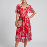 Daldra | Flutter Sleeve Gathered Waist Floral Print Midi Dress