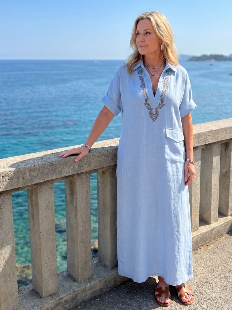 Kalthea | Short Sleeve V Neck  Embroidered Detail Midi Dress