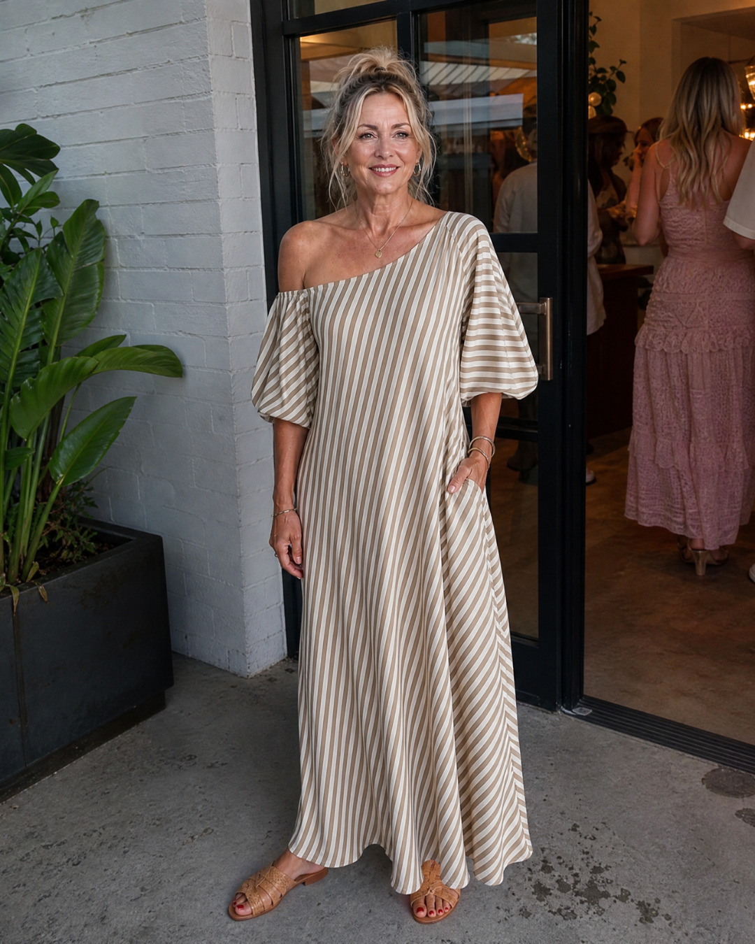 Faela | Striped Off Shoulder Puff Sleeve Midi Dress