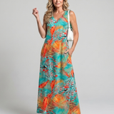 Tesmarie | Sleeveless Tropical Leaf Print Midi Dress