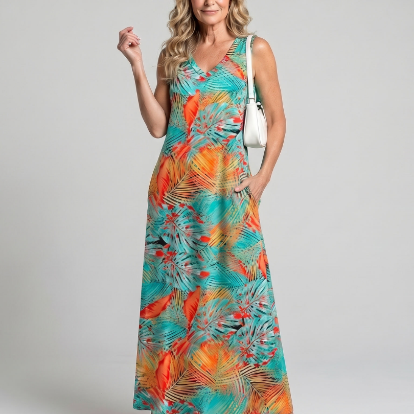 Tesmarie | Sleeveless Tropical Leaf Print Midi Dress