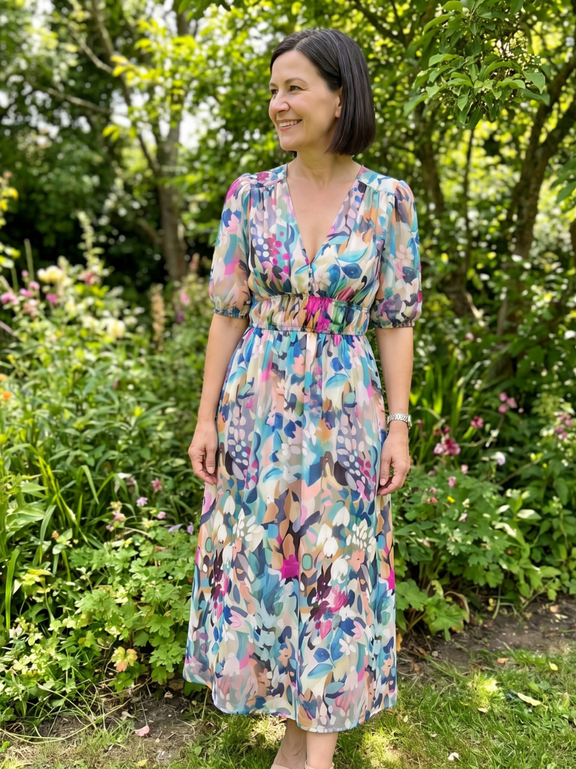 Larette | Puff Sleeve V Neck Abstract Print Midi Dress