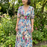 Larette | Puff Sleeve V Neck Abstract Print Midi Dress