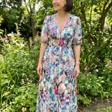 Larette | Puff Sleeve V Neck Abstract Print Midi Dress