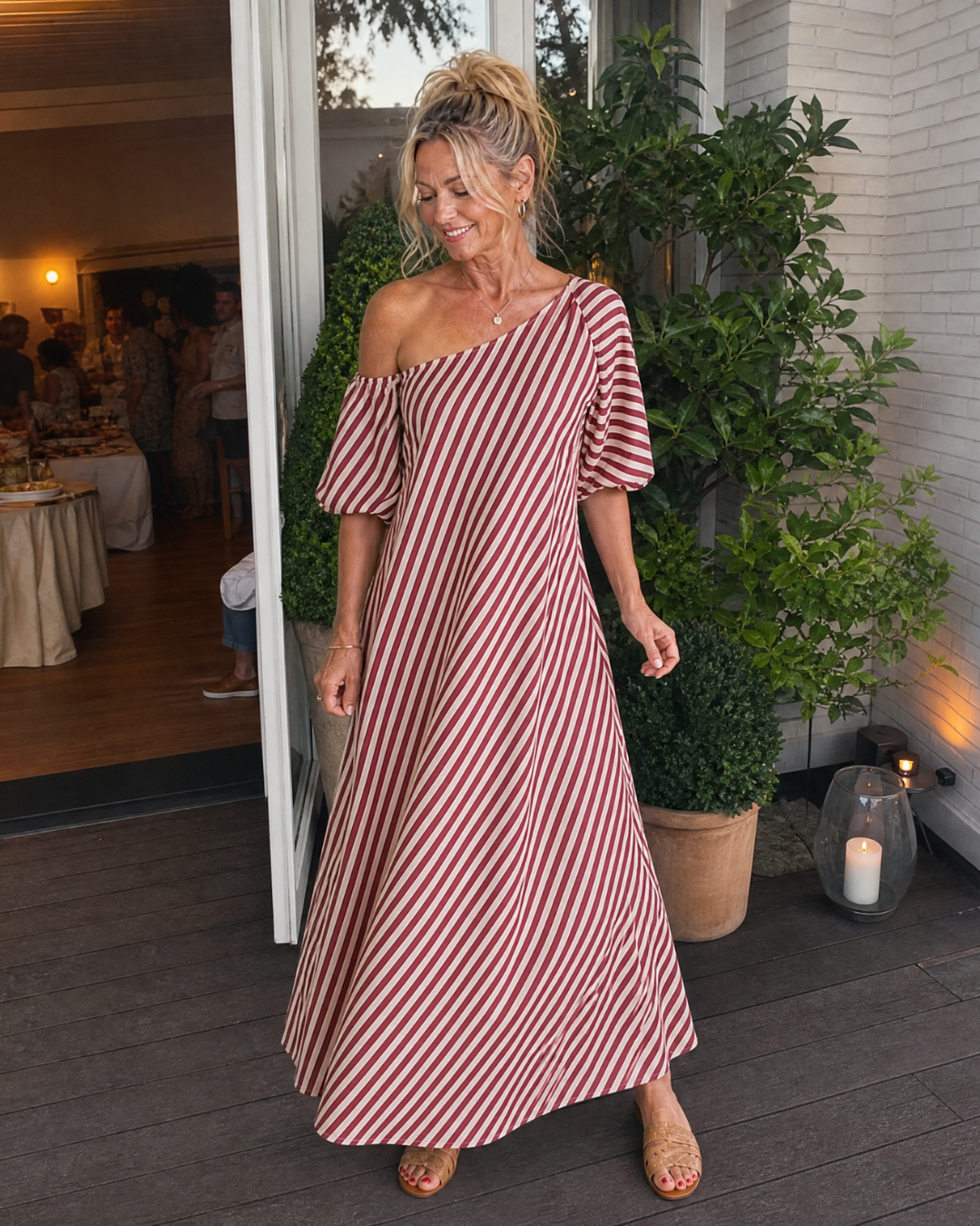 Faela | Striped Off Shoulder Puff Sleeve Midi Dress
